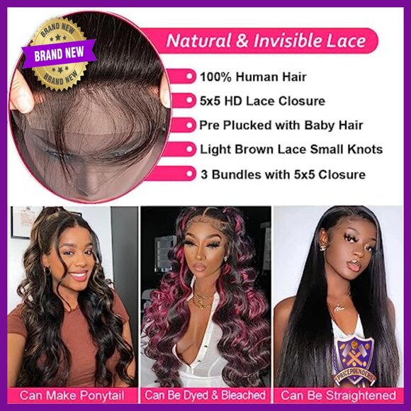 Brazilian Body Wave Human Hair Bundles with 5x5 Lace Closure